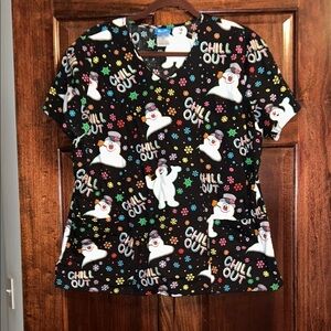 Black Frosty Snowman Print Scrub Top